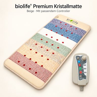 Premium Kristallmatte Beige biolife® Premium Kristallmatte mit farbigen Kristallreihen, roten Lichtelementen und beigem Controller auf hellem Hintergrund.