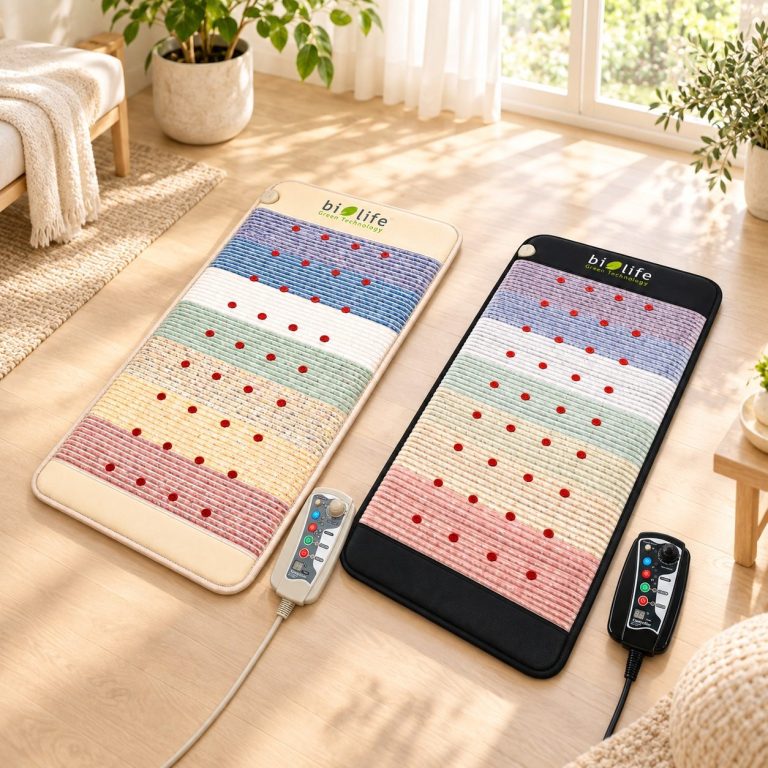 biolife® Premium Kristallmatte in Beige und Schwarz Zwei biolife® Premium Kristallmatten in Beige und Schwarz mit passenden Controllern in einem hellen Wohnraum.