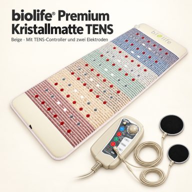 Kristallmatte TENS Beige biolife® Premium Kristallmatte TENS mit beigem Controller und zwei runden schwarzen Elektroden für die TENS Funktion.